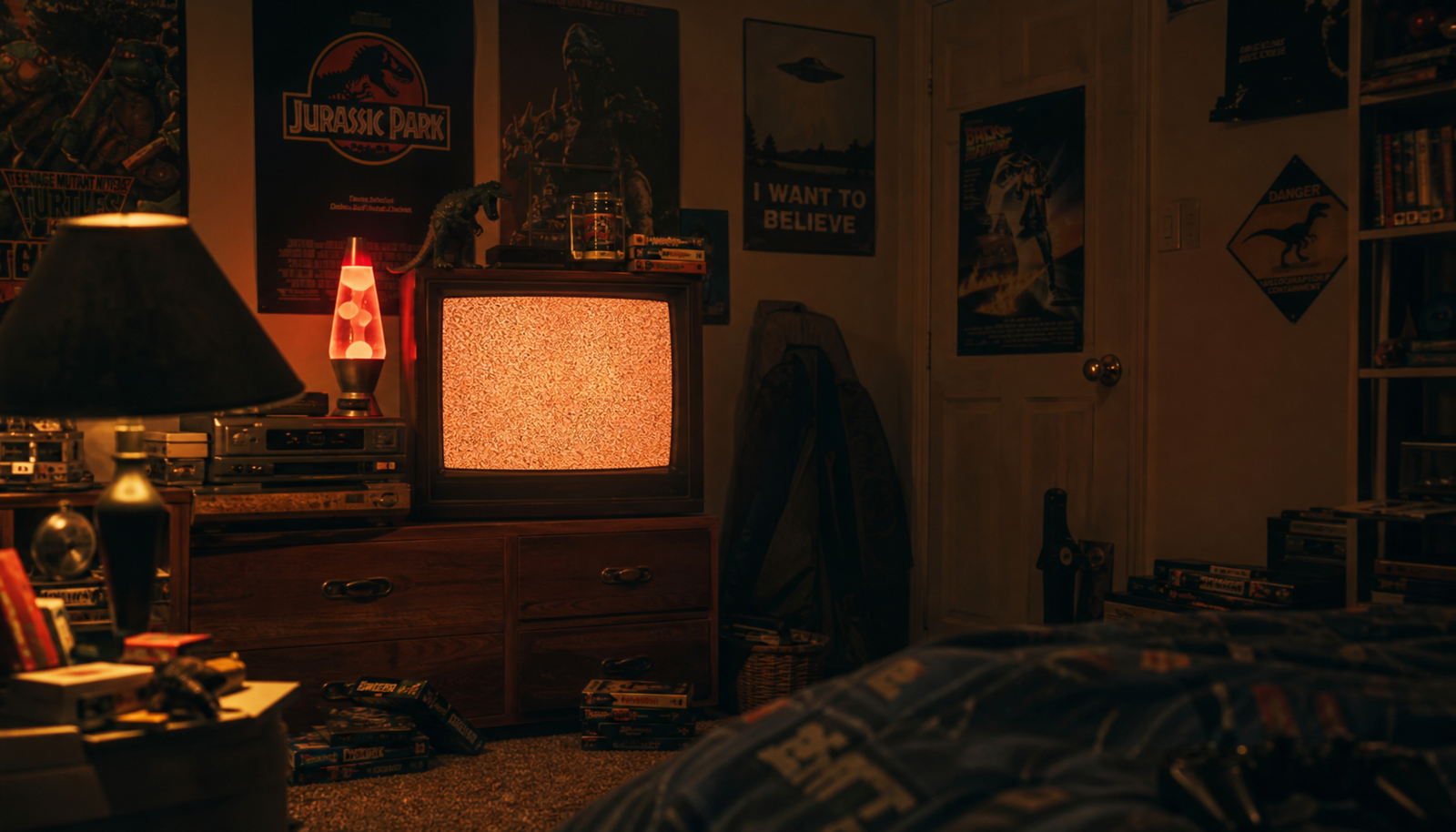 Retro 90s TV room with VHS tapes and console gaming setup
